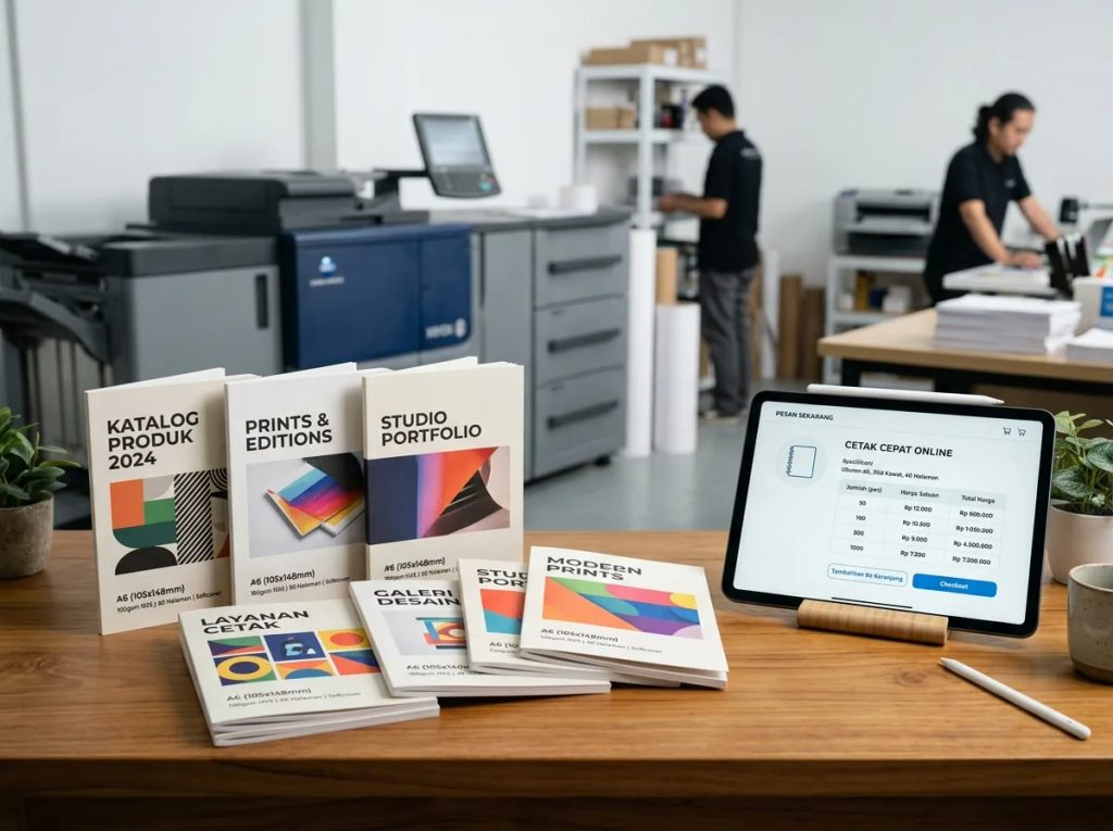 Cetak booklet A6 minimum order 50 pcs dengan mudah dan transparan lewat pemesanan online di Uprint.id.