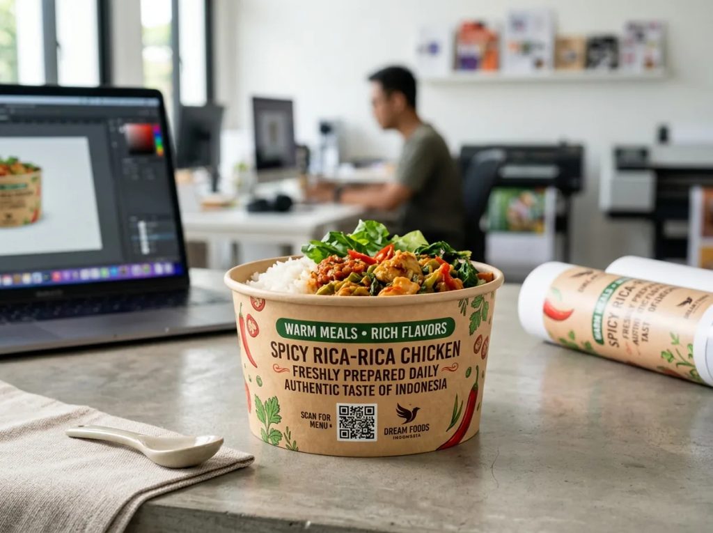 Desain cetak paper bowl food-grade dengan QR code dinamis dan copywriting kreatif untuk promosi