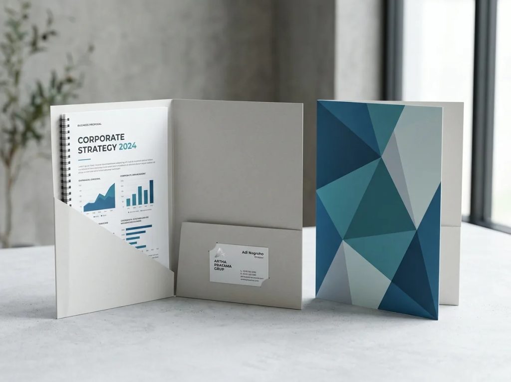 Cetak map folder murah Surabaya dengan bahan Art Carton tebal, lengkap dengan kantong dalam untuk proposal bisnis.