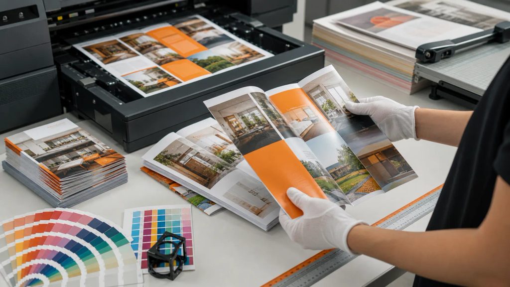 Ilustrasi thumbnail/hero artikel blog percetakan Uprint.id berjudul "Cetak Booklet A6 Portrait HVS: Bikin Brand Naik Kelas dengan Anggaran Cerdas". Fokus topik: