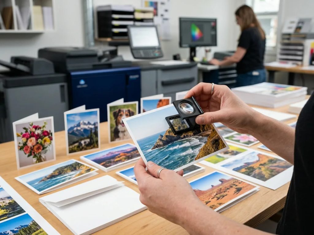 Verifikasi kualitas cetak photo note card custom di Uprint.id dengan loupe untuk ketajaman resolusi & warna CMYK.