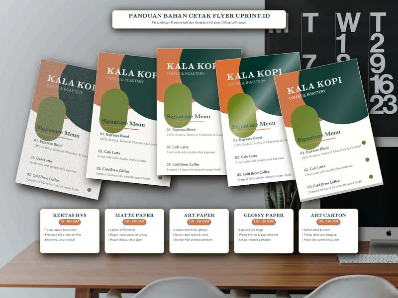 Perbandingan jenis bahan cetak flyer: HVS, Matte, Art Paper, Glossy, dan Art Carton untuk promosi Uprint.id