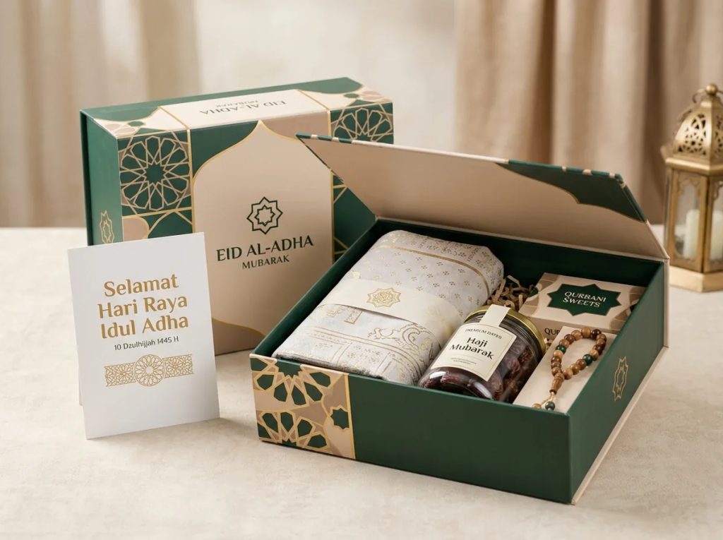 Cetak hampers Lebaran Haji premium dengan kemasan kustom, sajadah, dan kartu ucapan Idul Adha.