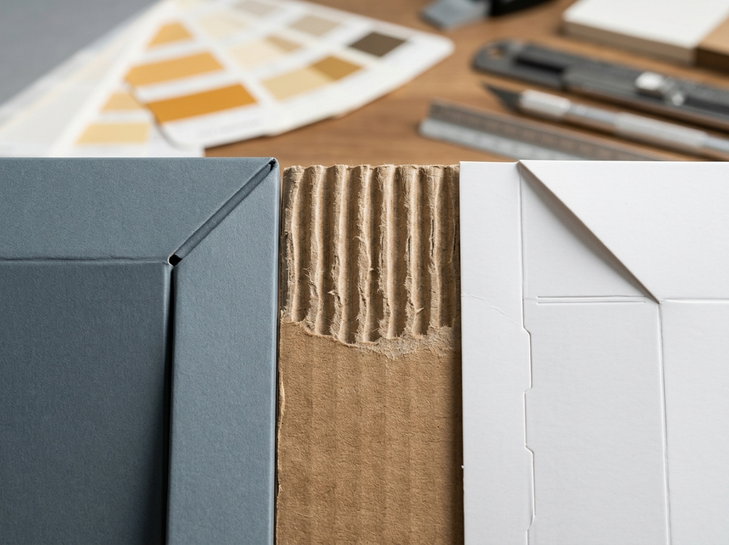 Detail makro tekstur material kemasan rigid box, corrugated, dan folding carton untuk unboxing produk.