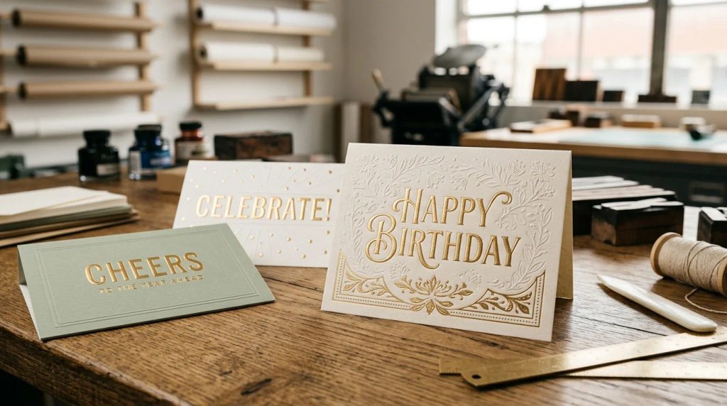 Inspirasi kartu selamat ulang tahun custom dengan cetak emas emboss elegan untuk retensi pelanggan Uprint.id