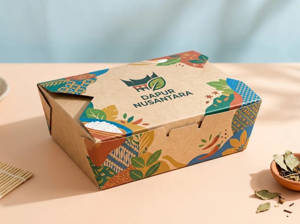 Desain kemasan paper lunch box custom Uprint.id dengan logo kuliner Nusantara untuk inspirasi packaging UMKM.