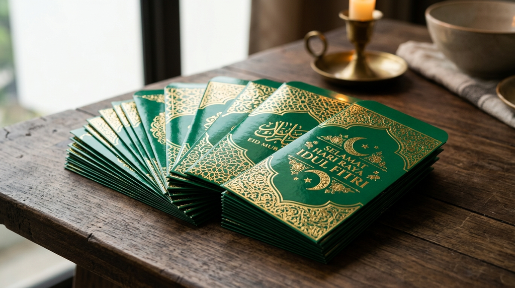 Cetak angpao lebaran kertas glossy bermotif emas eksklusif