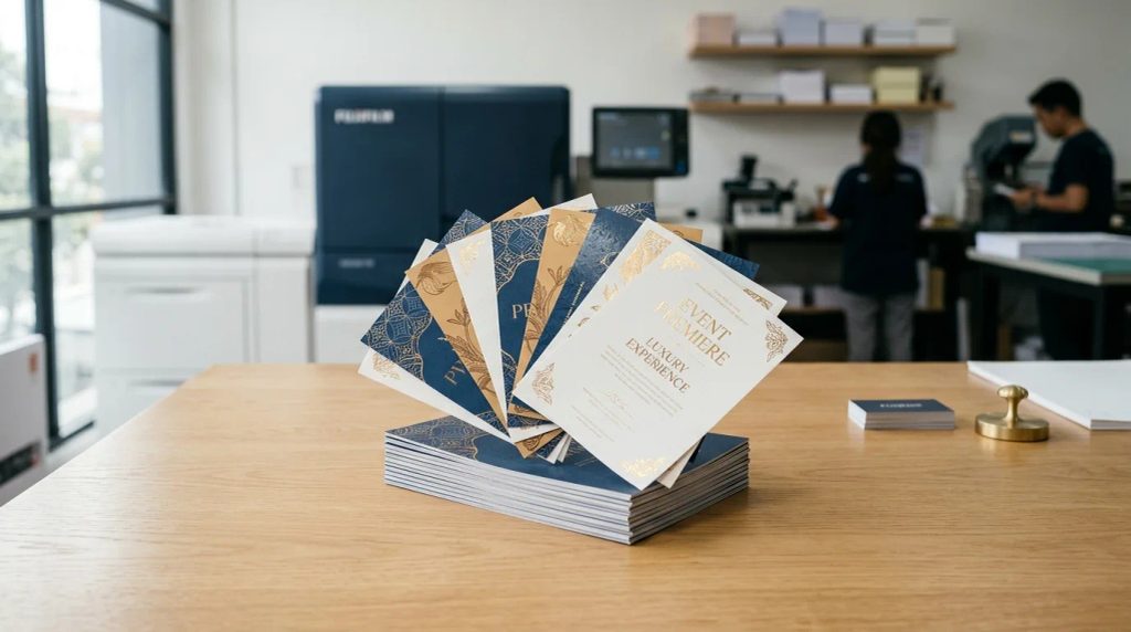 Contoh cetak flyer premium dengan kertas bertekstur dan finishing foil emas di studio cetak digital Uprint.id.