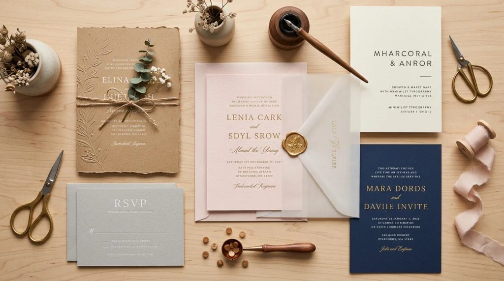 Contoh undangan pernikahan berdesain minimalis, rustic, dan modern dengan berbagai pilihan kertas di studio cetak.