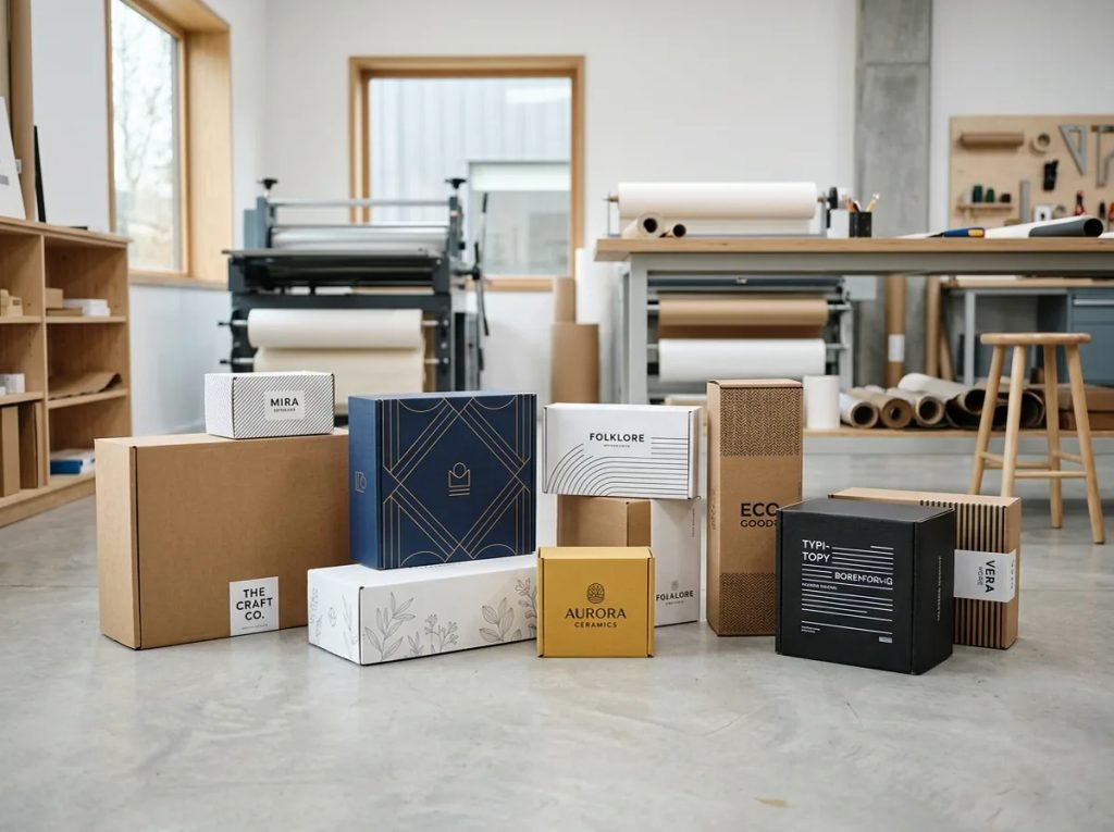 Berbagai pilihan cetak kemasan corrugated box kustom dengan beragam ukuran dan motif dari Uprint.id
