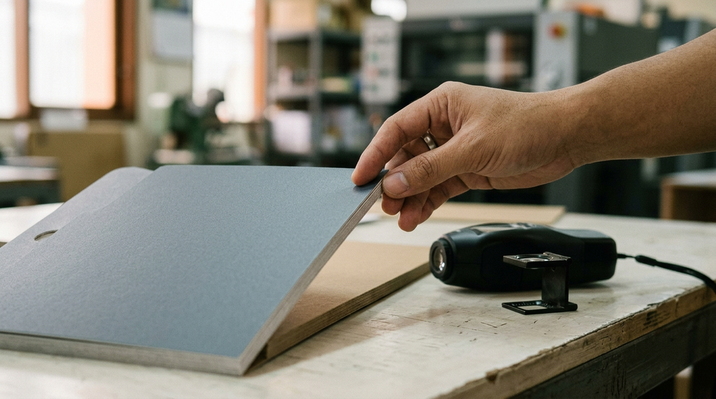 Pengecekan kualitas lapisan lamination matte pada produk cetak di percetakan