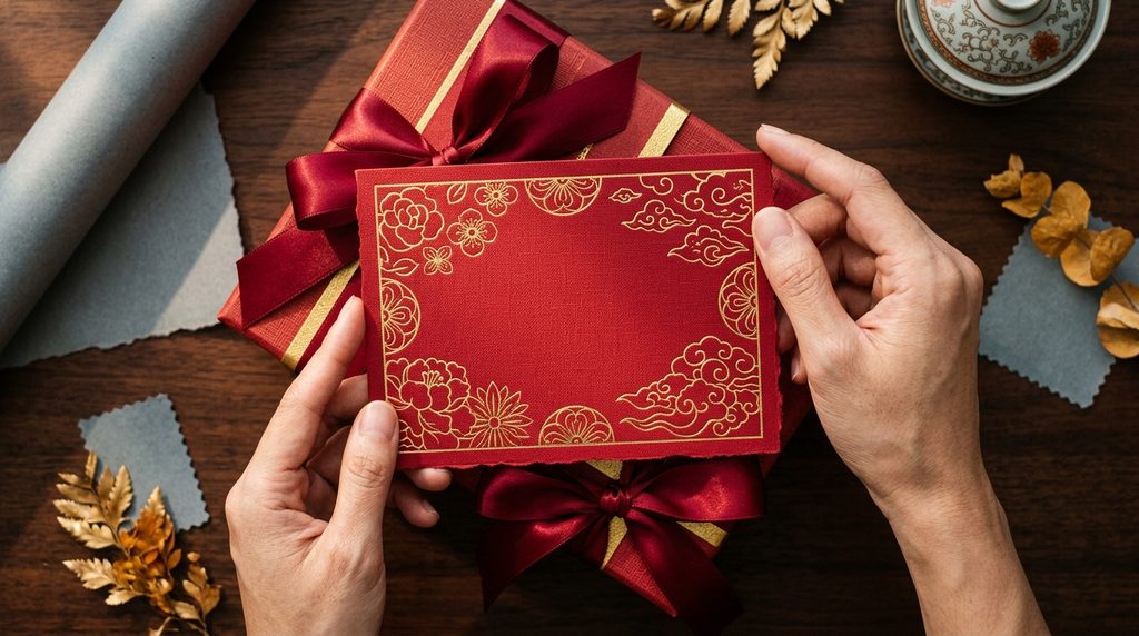 Notecard Imlek Custom Mewah dengan Foil Emas untuk Hampers Jakarta
