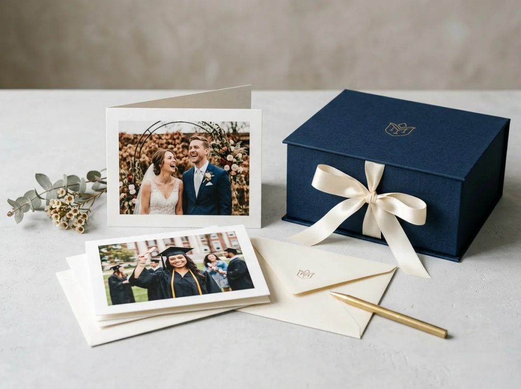 Cetak photo notecards premium custom untuk souvenir pernikahan dan kelulusan eksklusif di Uprint.id