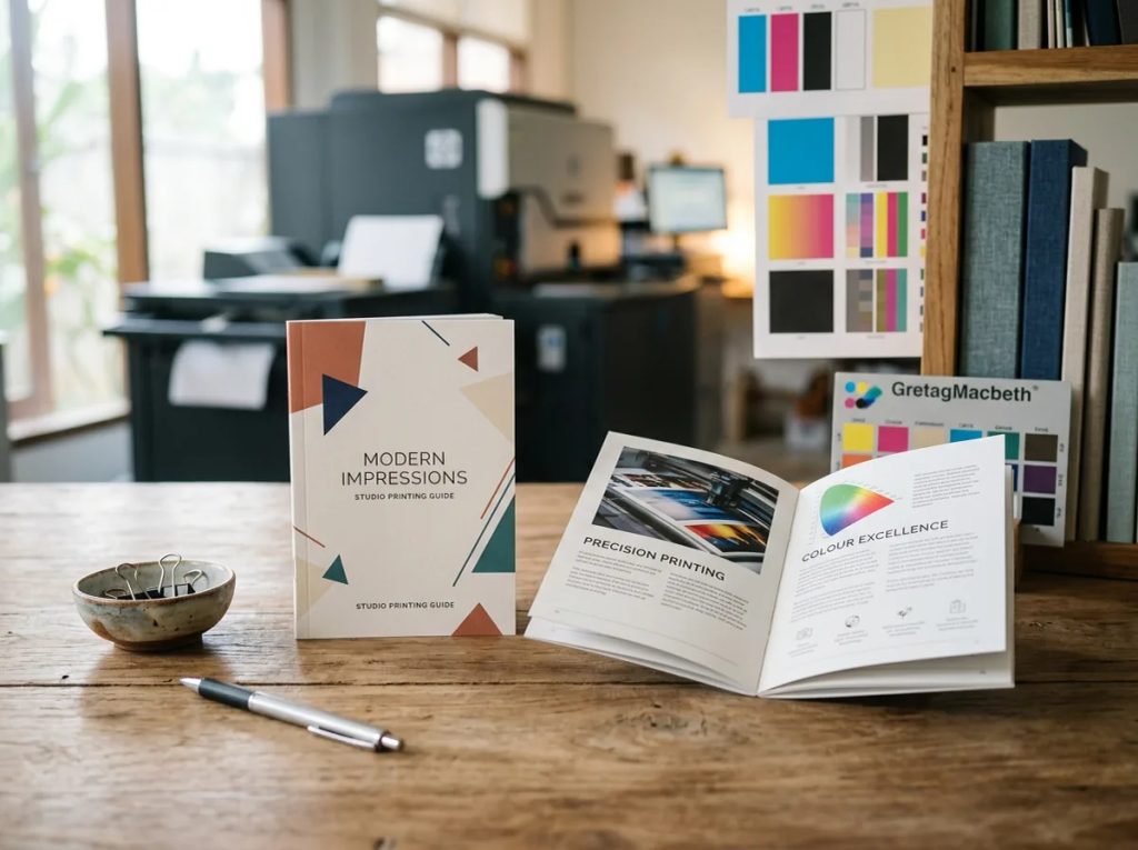 Cetak booklet A6 portrait branded dengan layout rapi dan warna tajam di studio digital printing Uprint.id.