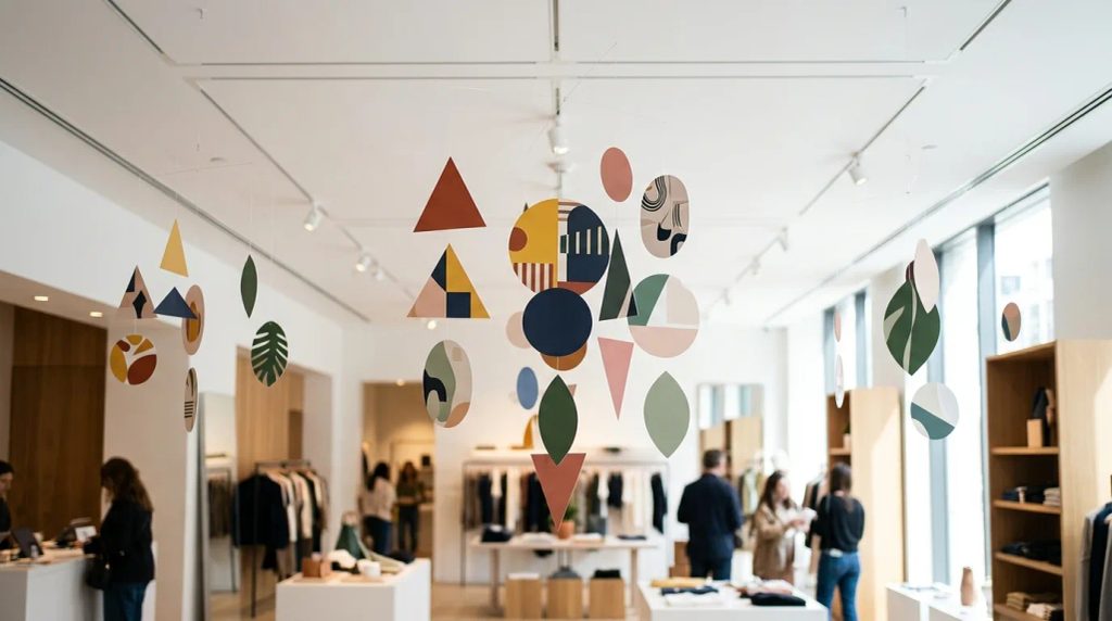 Hanging mobile promosi dengan desain kreatif yang digantung di langit-langit toko retail modern.