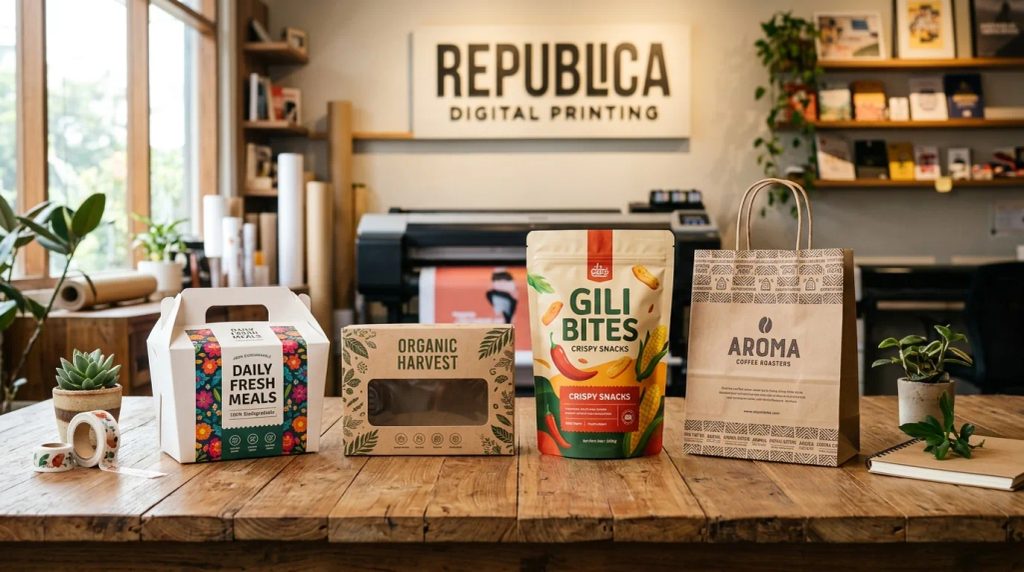 Contoh 5 macam packaging makanan modern seperti standing pouch dan paper box untuk bisnis kuliner.