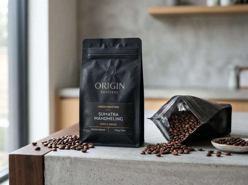 Kemasan kopi aluminium foil hitam jenis stand up pouch untuk menjaga kesegaran dan aroma biji kopi pilihan.