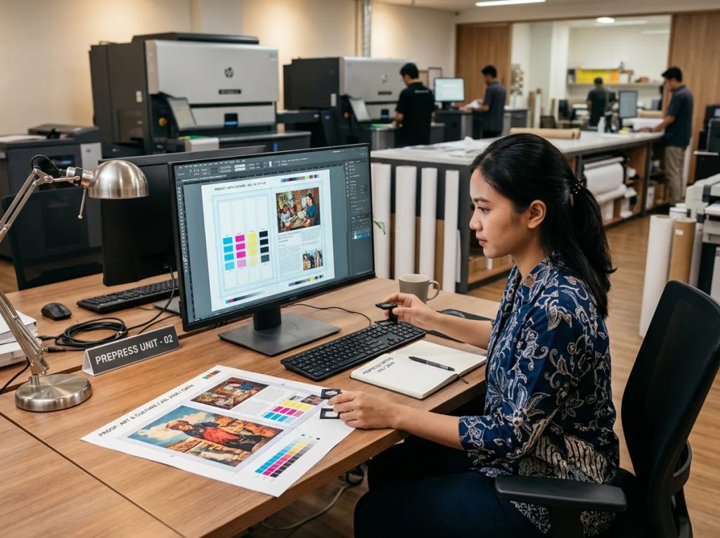 Desainer grafis Uprint.id mempelajari prepress layout dan kalibrasi warna CMYK.