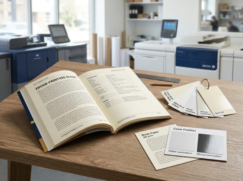 Detail teknis cetak ebook premium: contoh kertas book paper, jilid lem panas, dan finishing laminasi dari Uprint.id