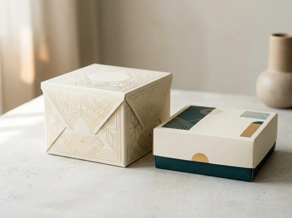 Inspirasi kemasan dus kue ivory dengan aksen emas dan dus nasi katering premium untuk usaha kuliner UMKM.