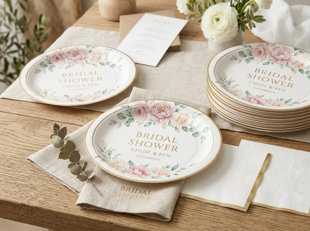 Piring kertas custom bridal shower dari Uprint.id yang estetik dan efisien untuk pesta.