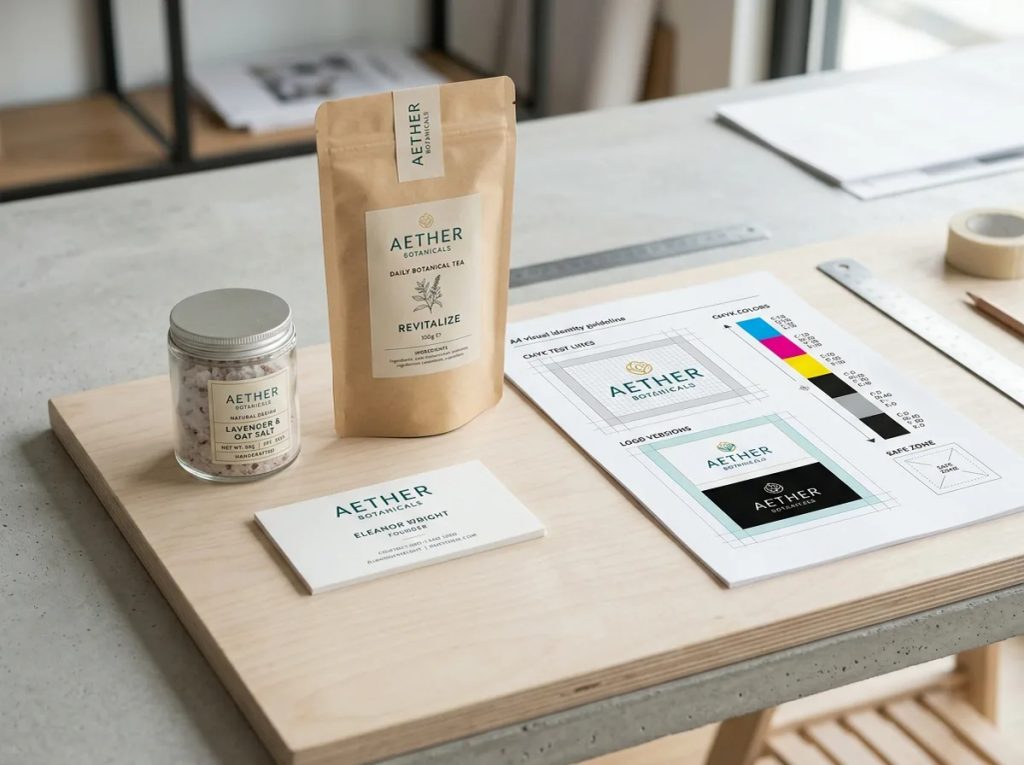 Uji coba desain stiker branding produk pada botol jar, pouch, dan kartu nama sesuai panduan identitas visual CMYK.