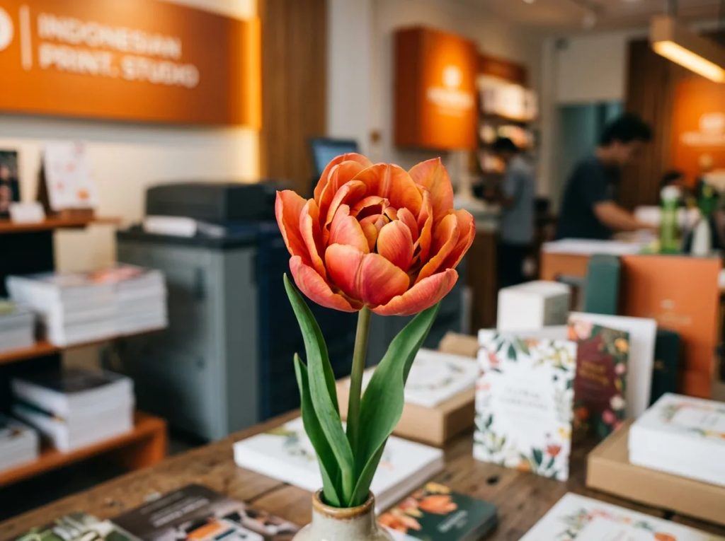 Bunga tulip oranye mekar penuh di meja percetakan Uprint melambangkan cinta tulus dan keindahan sederhana