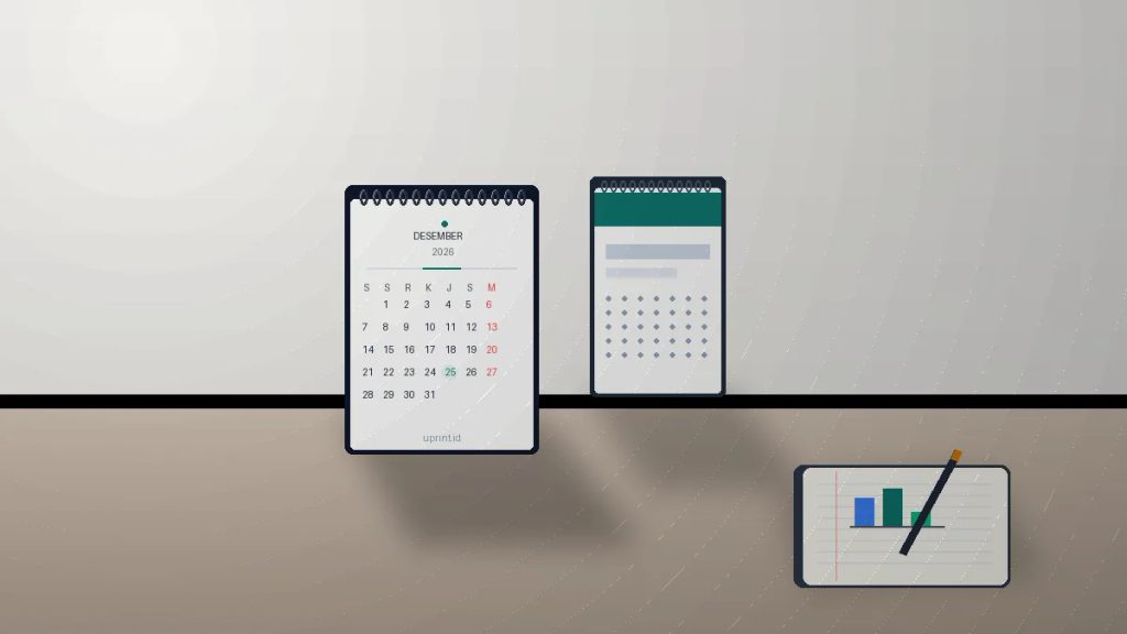 Kalender desk portrait A6 custom dari Uprint.id untuk branding perusahaan 365 hari hemat biaya dengan analisis CFO.
