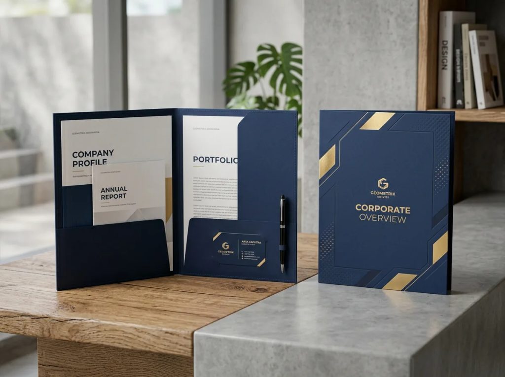 Desain map folder corporate elegan warna biru navy dengan aksen emas, cocok untuk dokumen penting perusahaan.
