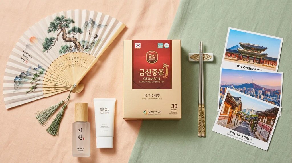 Oleh-oleh khas Korea Selatan yang unik dan bermanfaat seperti teh ginseng, kipas tradisional, dan kosmetik.