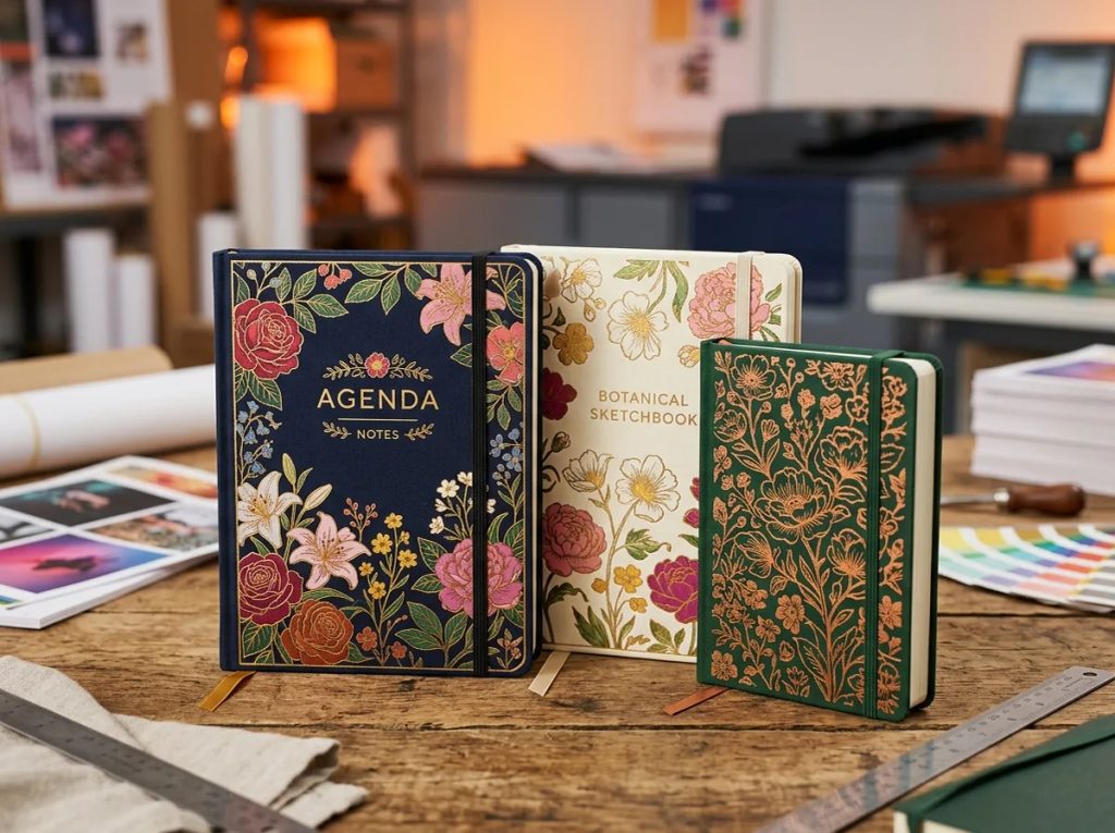 Tiga agenda dan notebook bersampul motif bunga warna-warni di meja kerja