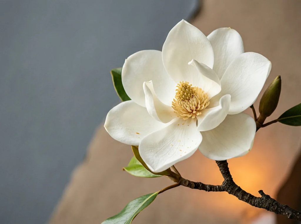 Bunga magnolia putih besar mekar di ranting melambangkan kemuliaan dan ketahanan