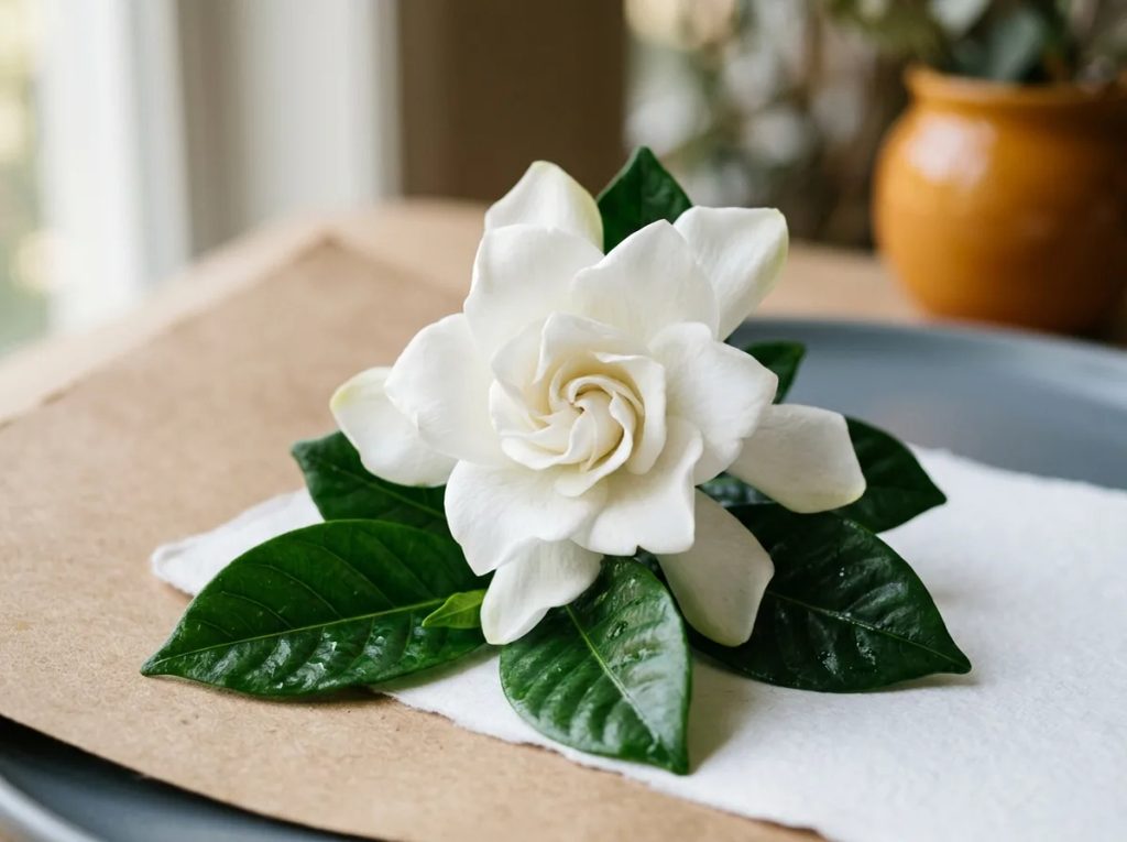 Bunga gardenia putih dengan daun hijau mengkilap melambangkan cinta rahasia dan kemurnian