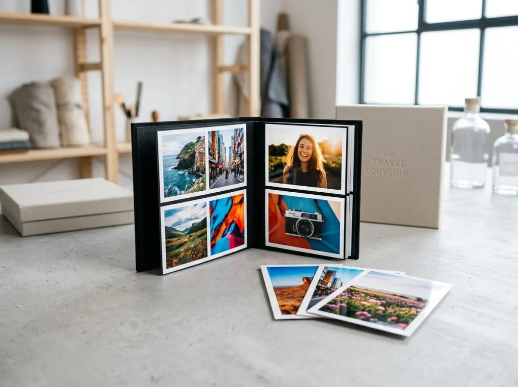 Cetak foto A6 kertas glossy yang disusun menjadi mini album souvenir elegan dengan cetakan warna tajam.