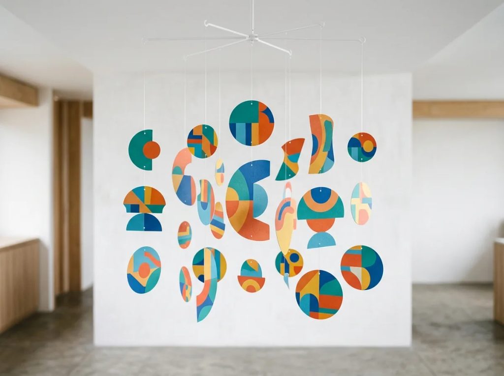 Hanging mobile promosi warna-warni dengan desain geometris tergantung di langit-langit untuk promosi offline toko.