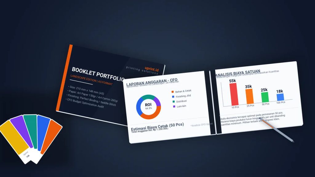 Analisis anggaran riil cetak booklet A5 landscape 50 pcs dari CFO Uprint.id dengan grafik biaya cetak profesional.