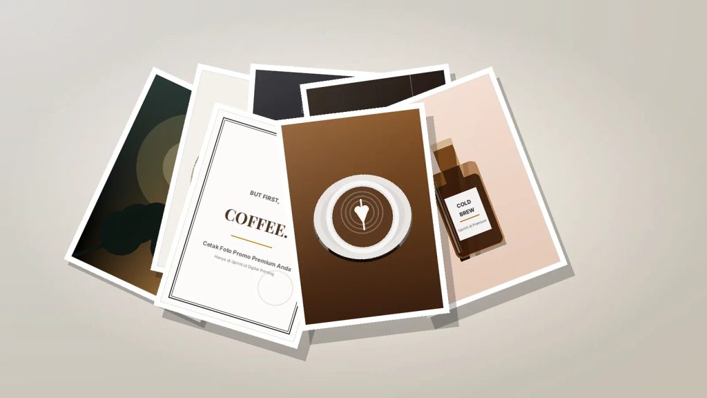 Cetak foto portrait A6 sebanyak 7 lembar kertas glossy premium untuk promosi kafe di Uprint.id.
