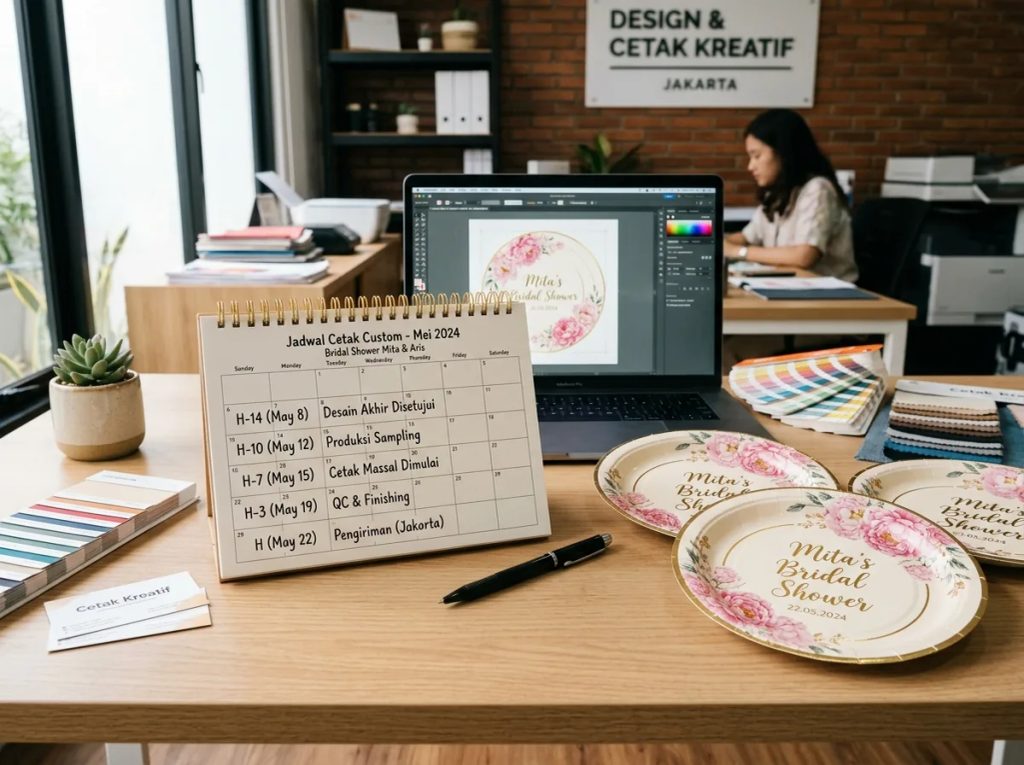 Linimasa pemesanan cetak piring kertas custom bridal shower dengan kalender jadwal produksi di studio Uprint.id