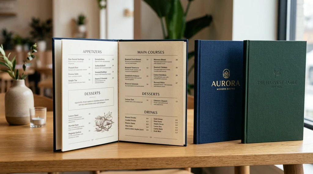 Contoh hasil cetak dan desain buku menu restoran modern dengan layout estetik dan pilihan cover premium.