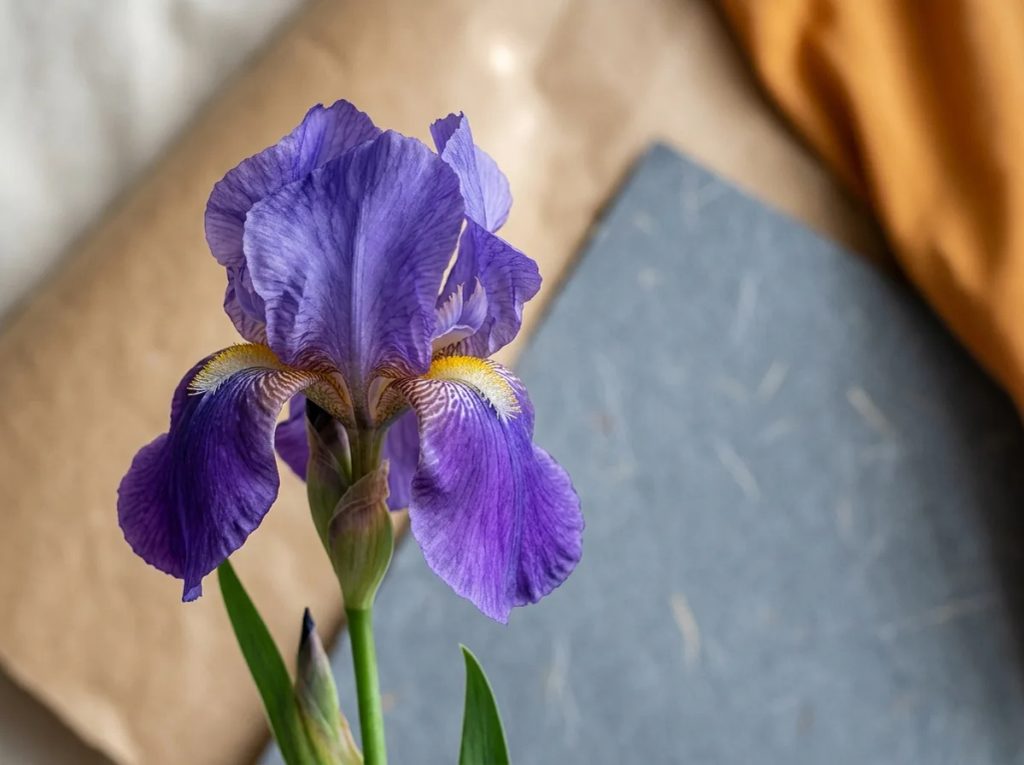 Bunga iris ungu biru berkelopak elegan melambangkan harapan dan kebijaksanaan