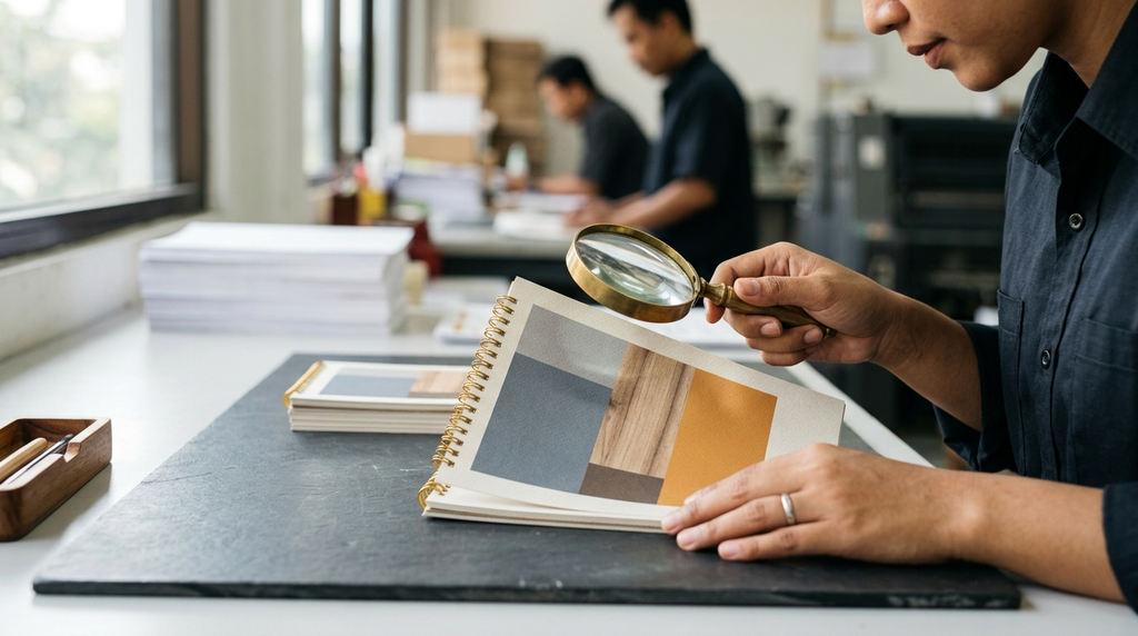 Inspeksi kualitas sample kalender meja A5 portrait sebelum produksi massal