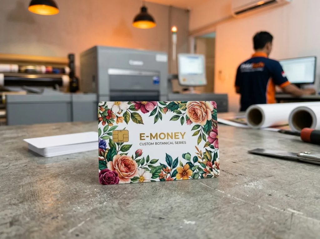Kartu e-money custom bermotif bunga aneka warna dengan chip emas