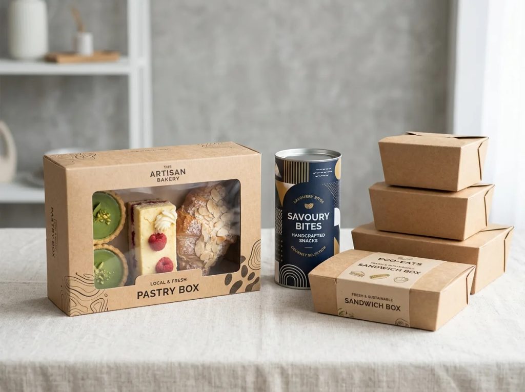 Inspirasi kemasan makanan modern dan estetis untuk UMKM kuliner dengan berbagai bentuk boks kertas.