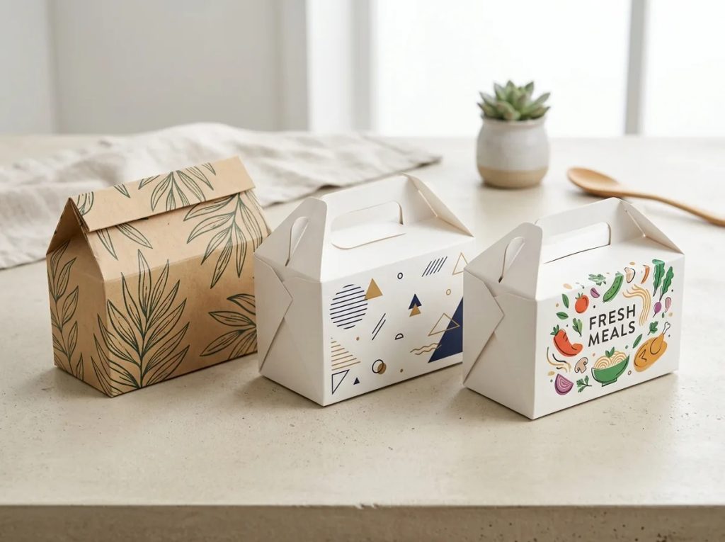 Desain menarik paper lunch box bermotif modern dan kraft untuk kemasan makanan usaha kuliner kreatif.