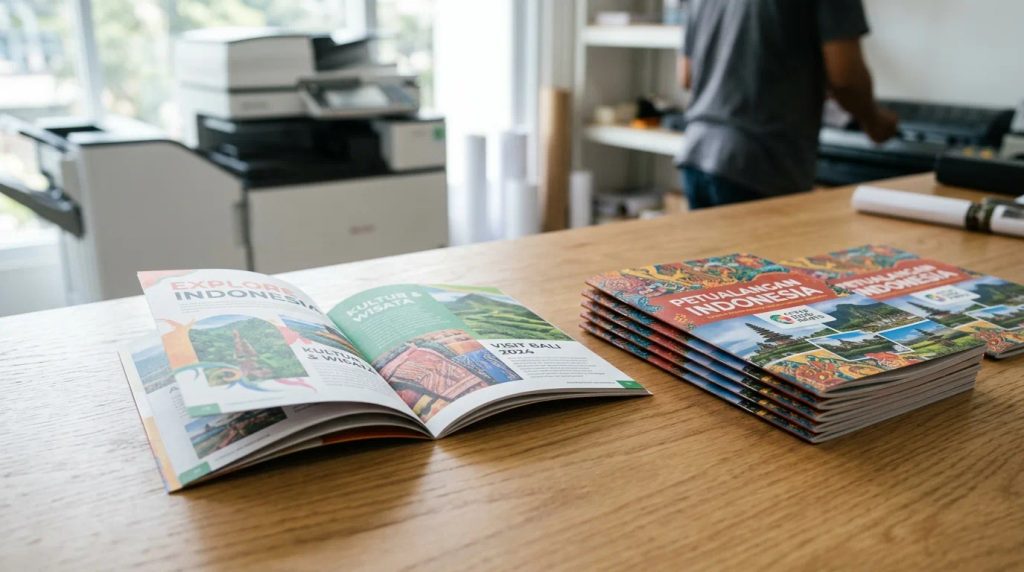 Inspirasi cetak booklet A6 murah dan brosur promosi ringkas 7 lembar di meja digital printing modern Uprint.id.