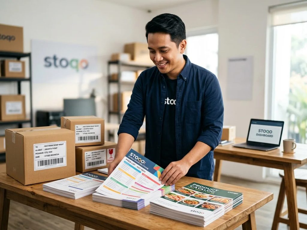 Pengusaha muda merapikan price list, katalog, dan label cetak operasional Stoqo untuk efisiensi bisnis kuliner.
