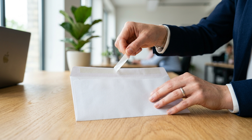 Proses pengemasan surat bisnis menggunakan amplop kabinet berlid perekat instan