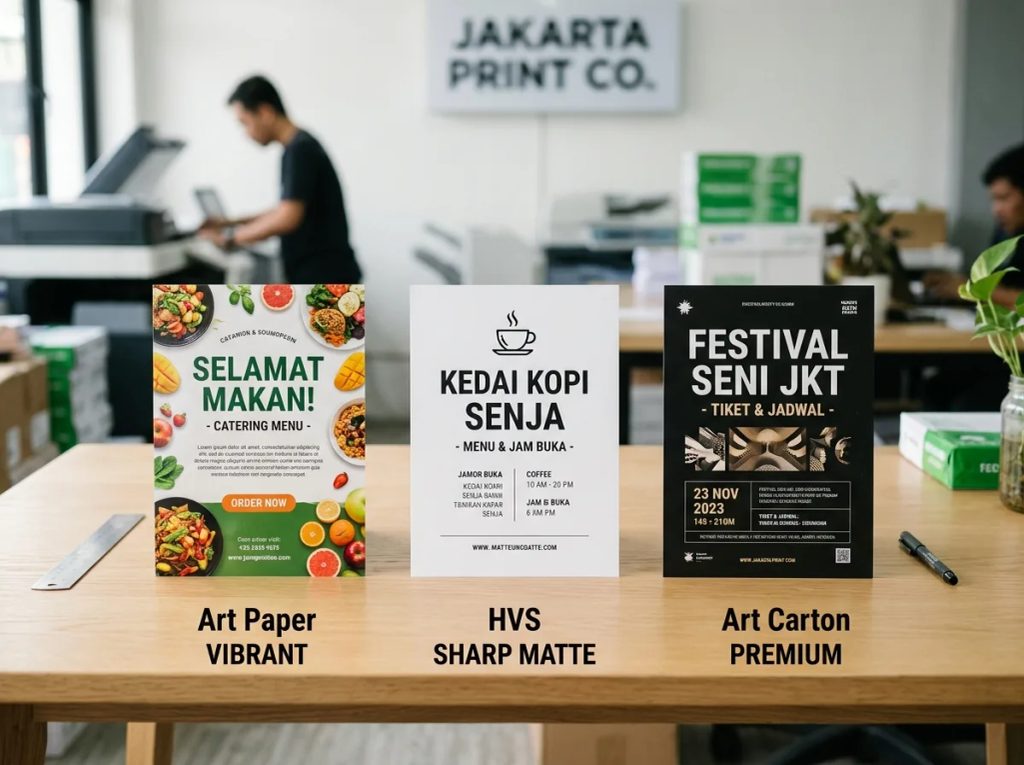 Perbandingan ketebalan kertas Art Paper dan HVS untuk cetak flyer bolak-balik berkualitas di percetakan Uprint.id.