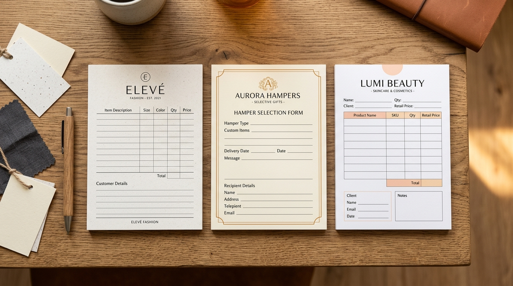Inspirasi layout dan tipografi order template design branded ukuran A6 sesuai jenis usaha