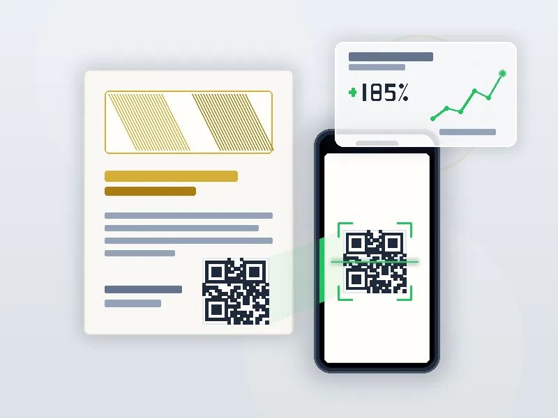Memindai QR code di flyer premium dengan smartphone untuk mengukur efektivitas promosi secara akurat di Uprint.id.